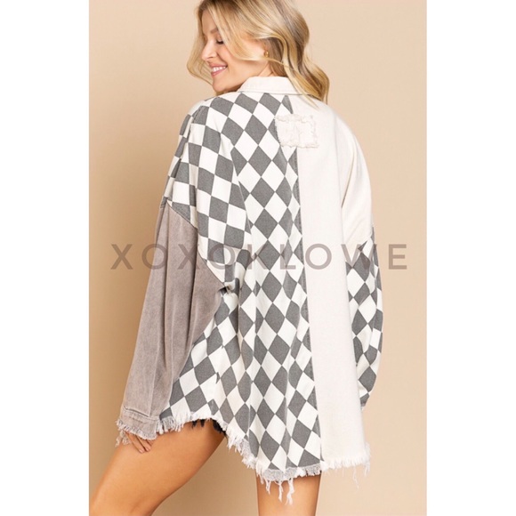 1 L POL Retro 90s Color Block Harlequin Print Denim Twill Shacket - Picture 7 of 14